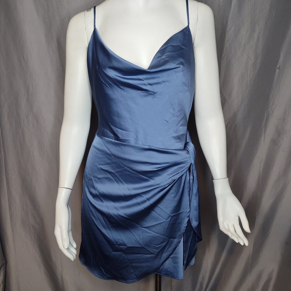 Lovely Day Med wrap drape Carrie B inspired dress slate blue slinky shimmer